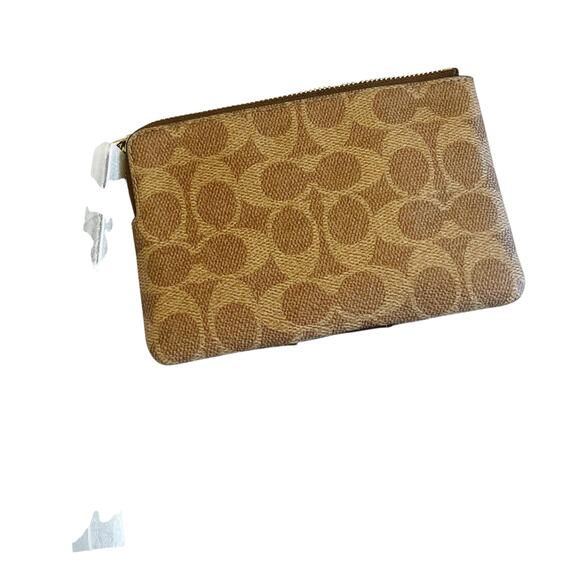 Coach Corner Zip Signature Canvas with Leather Stripe Bag Tan Brown One Size NWT - Picture 12 of 12